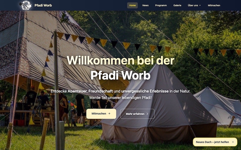 Startseite der Pfadi Worb mit Zelten im Wald