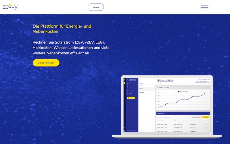 Startseite von zevvy, Software für Energie- und Nebenkosten